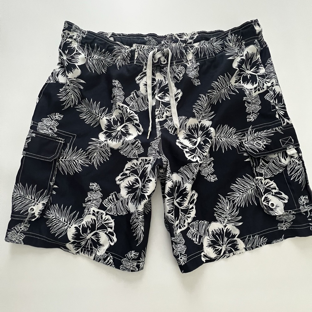 OP Swim Trunks Mens L 36-38 Navy White‎ Floral Board Shorts Mesh Lined